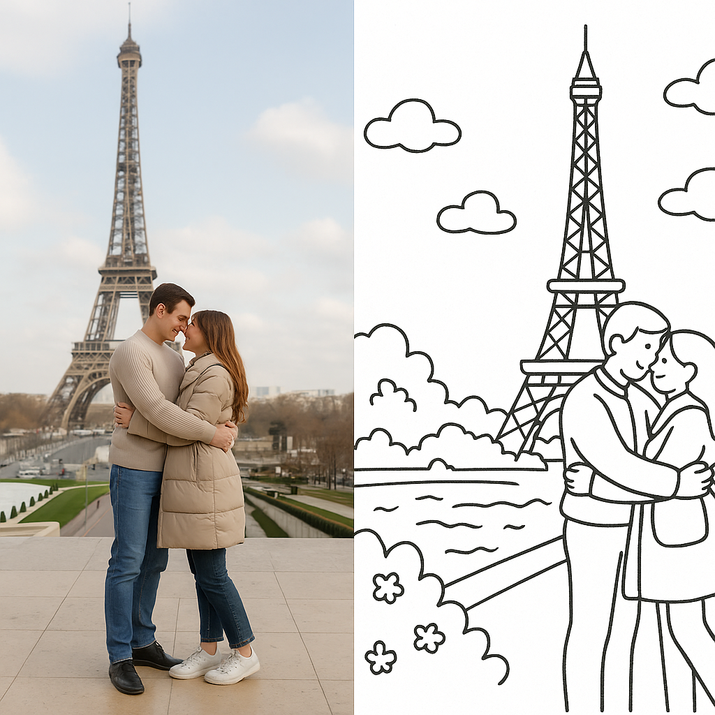 Eiffel Tower couple photo and coloring page
