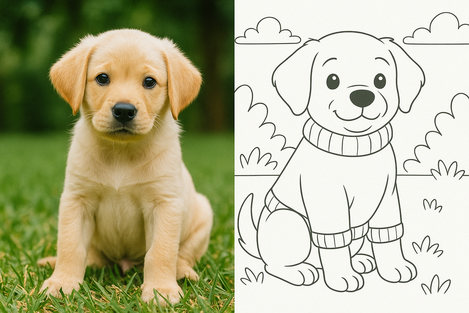 Golden retriever puppy transformed into coloring page
